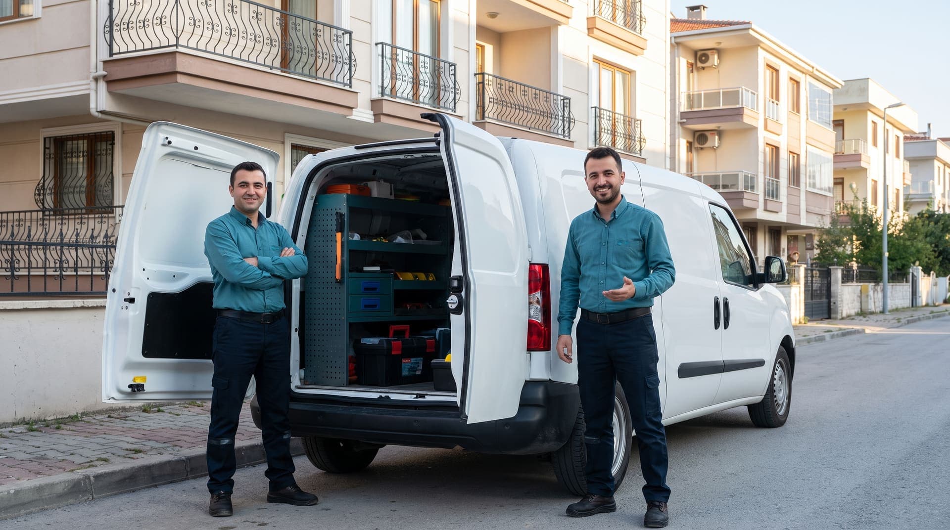 TeknikYanımda teknisyen ekibi servis aracının yanında
